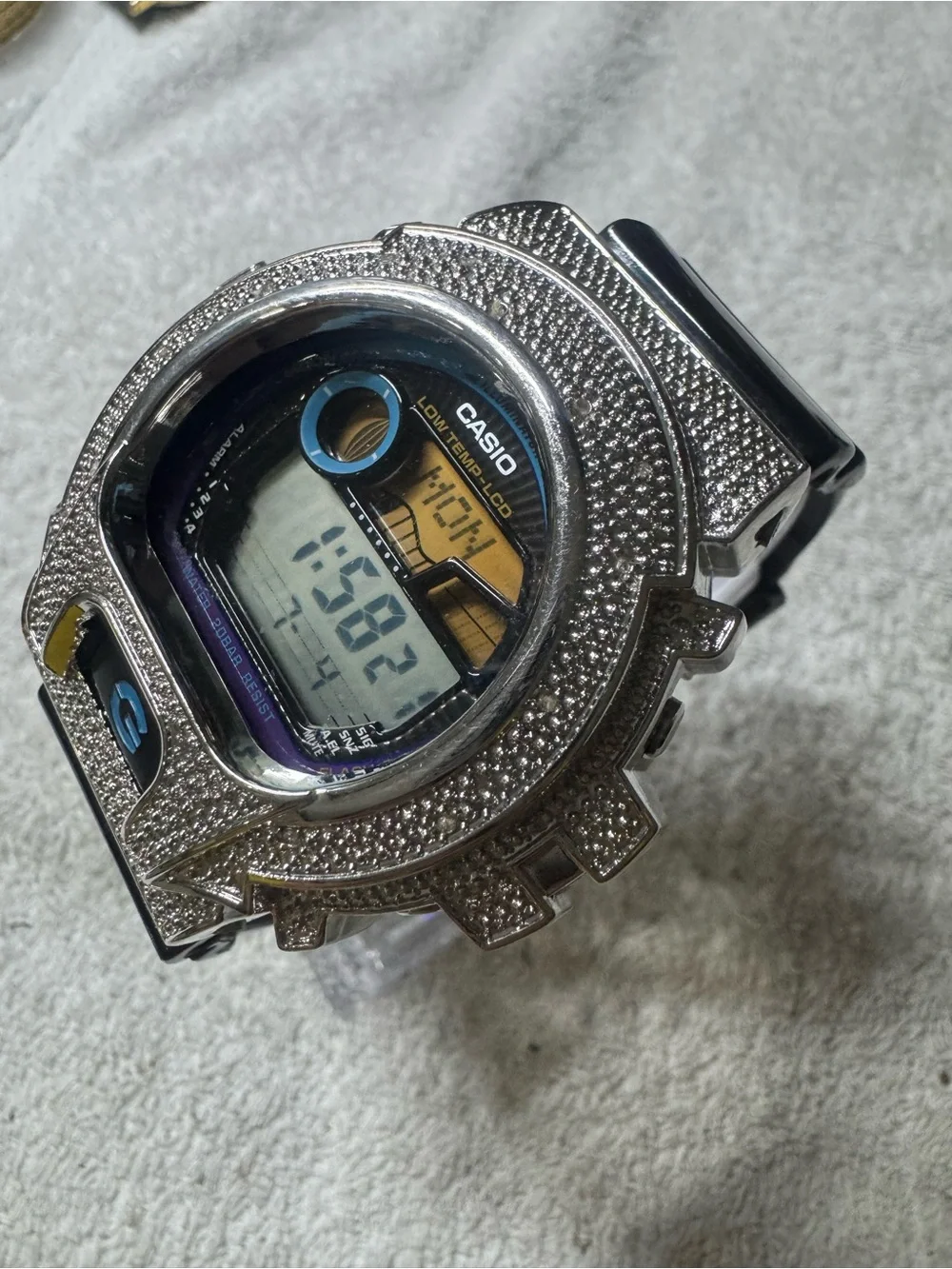 Casio Digital Watch with Silver Pavé Bezel and Black Strap